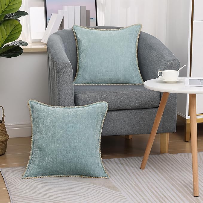 decorUhome Chenille Soft Throw Pillow Covers 18x18 Set of 2, Farmhouse Velvet Neutral Decorative Euro Pillow Covers with Stitched Edge for Couch Sofa Bed Home Decor, Aqua Haze-Ruum Studio Home