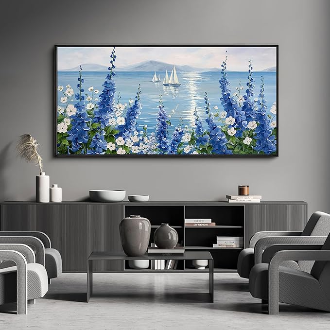 XLSJERST Large Sailboat Wall Art - Blue Canvas Abstract Painting Textured Picture Artwork Vintage Nautical Flower Painting Coastal Modern Print 24"x48" Frame for Living Room Office Home Decoration-Ruum Studio Home