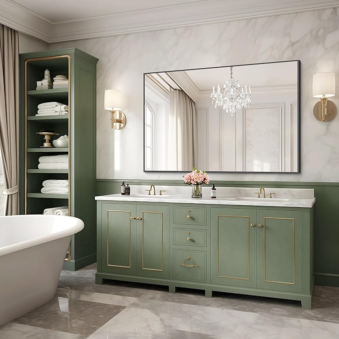 Black Bathroom Mirror for Wall, 30x48 Inch Rectangle Mirrors with Metal Frame, Modern Vanity Wall Mirror Decor for Bathroom Living Room, Entryway Hangs Horizontal or Vertical-Ruum Studio Home