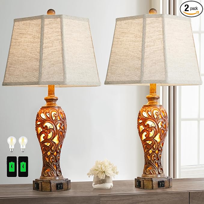 Set of 2 Rustic Table Lamps for Living Room Bedroom, 2 USB Ports 25'' Vintage Farmhouse Desk Lamp with Nightlight, Brown Hollow Out Resin Lamp for End Table (Bulbs Included)-Ruum Studio Home
