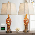 Set of 2 Rustic Table Lamps for Living Room Bedroom, 2 USB Ports 25'' Vintage Farmhouse Desk Lamp with Nightlight, Brown Hollow Out Resin Lamp for End Table (Bulbs Included)-Ruum Studio Home