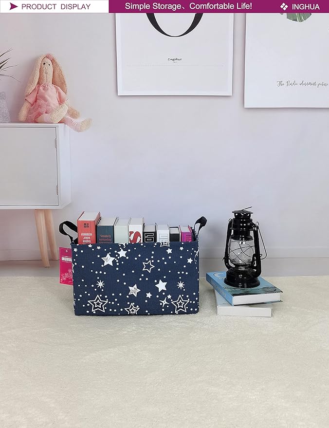 Rectangular Storage Basket Fabric Organizer Bin for Toys,Books,Clothes,Gifts,Pets-Perfect for Home,Office,Nursery,Dorm,Shelf(Rec-Blue star )-Ruum Studio Home