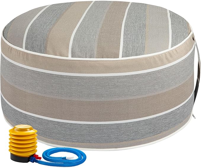 FUNHOME Inflatable Outdoor Ottoman with Air Pump,20"x9" Portable Patio Pouf,Water Resistant,Fade-Resistant,Round Blow Up Footrest Stools for Home Garden Camping Travel(Gray Stripe)-Ruum Studio Home