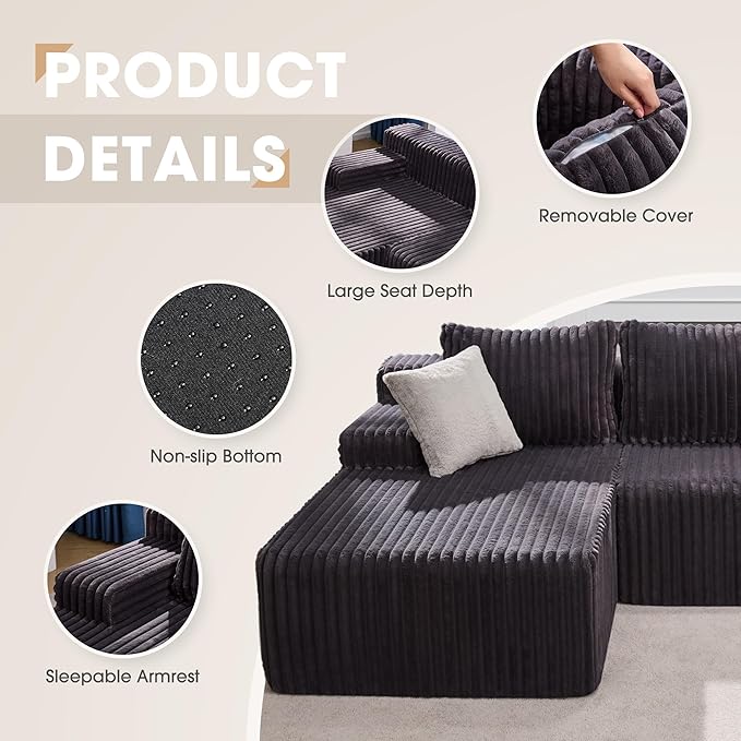 Hobestluk 96“ Modular Sectional Sofa Couches L-Shape Couch 3 Seat Modular Sofa Memory Foam Sectional Couches for Living Room, Cloud Couch with Oversized Chaise (Grey, Stripe (Left Facing Chaise))-Ruum Studio Home