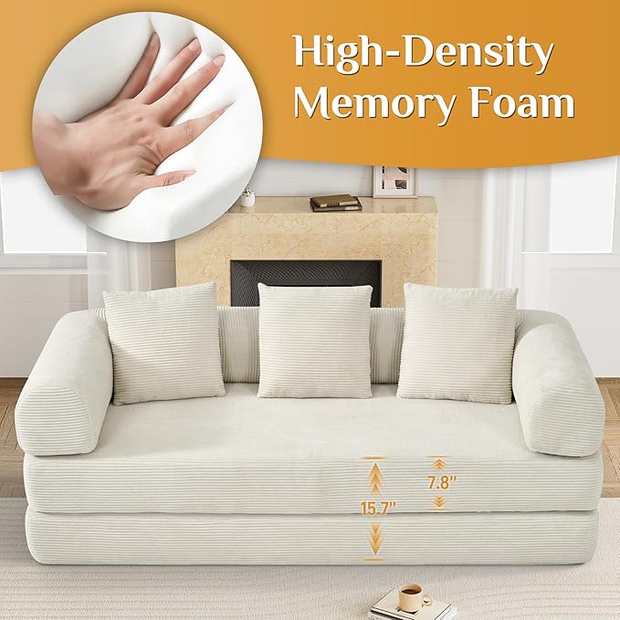 Convertible Sleeper Sofa Bed with Pillow, 4-in-1 Corduroy Folding Mattress Couch with Fixed-Shape Frame, Fold Out Floor Sofa Cama Lounge Couch for Living Room Bedroom Studio, Beige White-Ruum Studio Home