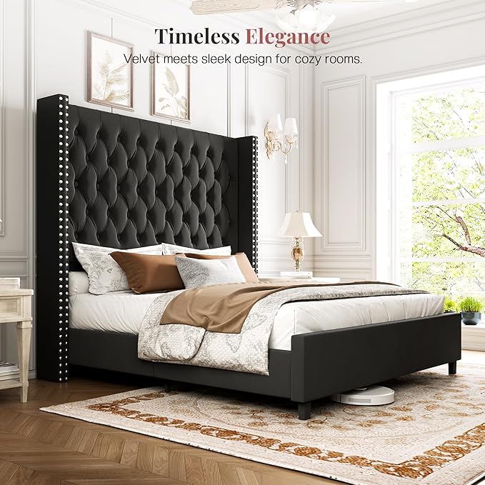 PaPaJet Queen Size Bed Frame with 61.4" Tall Headboard, Velvet Modern Upholstered Tufted Bed for Adults, Handmade Deep Button Tufting, Solid Wood Legs, No Box Spring Required, Black-Ruum Studio Home