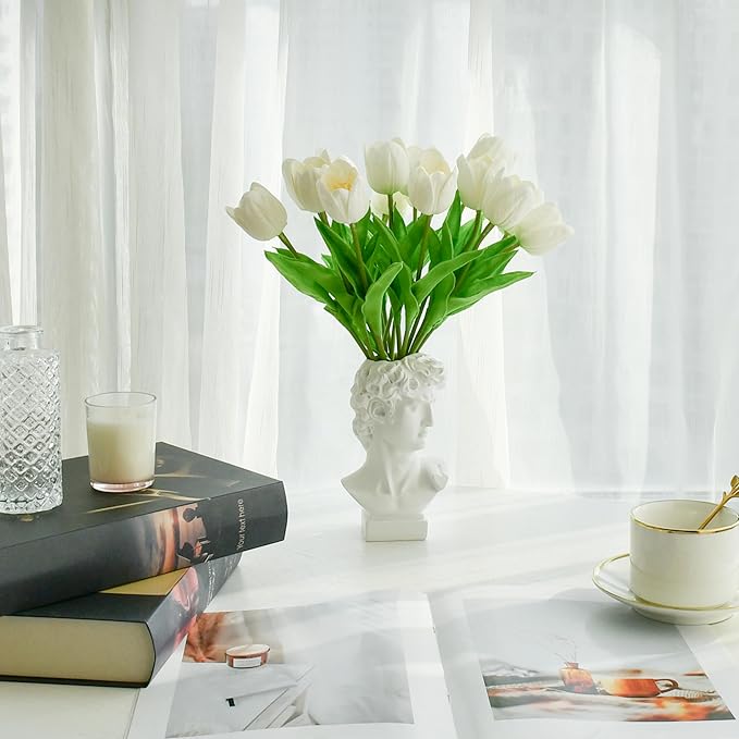 Mandy's Artificial Tulips 12 Stems White Partially Open PU Faux Flowers for Wedding Home Decor 13.5 Inch-Ruum Studio Home