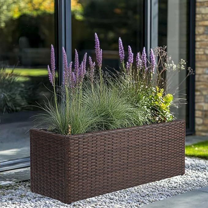 LEWIS&WAYNE Large Rectangular Block Planter Box Handmade Wicker Tall Planters for Outdoor Plants with Removable Liners Modern Planter for Indoor Outdoor Patio Deck - Brown, 30''x12''x16''-Ruum Studio Home