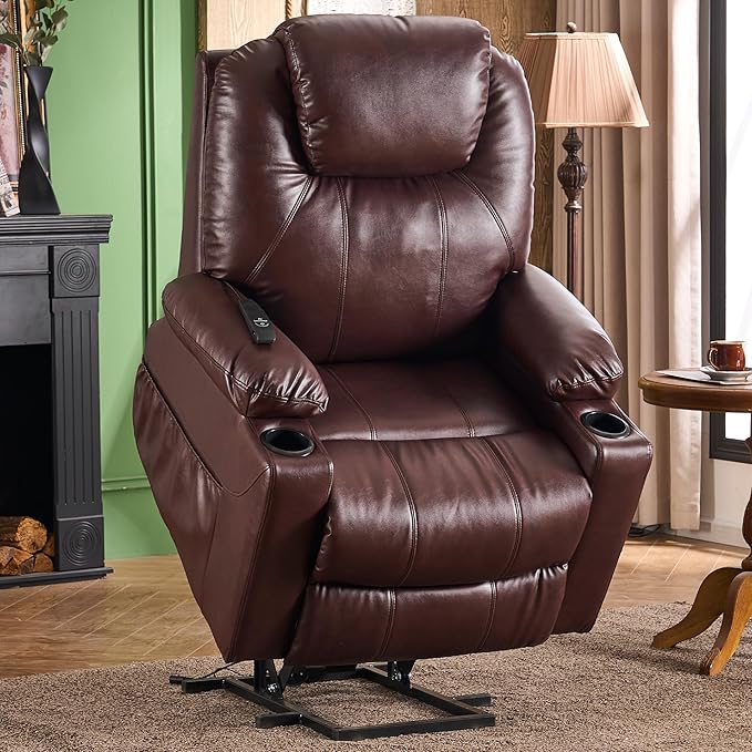 SALOHZA Power Lift Recliner Chair for Elderly with Massage and Heat for Living Room, Electric Recliner Chair for Adults with USB/Type C Port/Cup Holders, PU Faux Leather, Chocolate Brown-Ruum Studio Home
