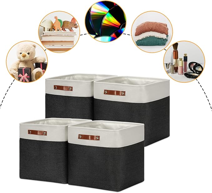 DULLEMELO Storage Baskets, 13 Inch Cube Storage Bins for Shelves Closet Nursery Toy Storage, Foldable Linen Closet Organizers Storage Baskets for Toy Closet Storage?4 Pack - 13" White&Black)-Ruum Studio Home