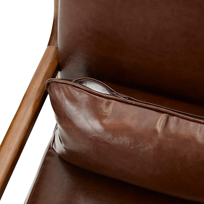 Glitzhome 2 Set Mid Century Coffee Accent Armchair, Single Reading Armchair PU Leather Lounge Chair with Walnut Ruberwood Frame-Ruum Studio Home