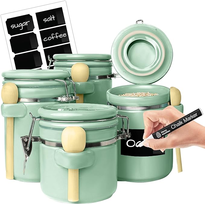 Home Intuition 4-Piece Ceramic Kitchen Canisters Set, Airtight Containers with Wooden Spoons Reusable Chalk Labels and Marker for Sugar, Coffee, Flour, Tea (Mint)-Ruum Studio Home