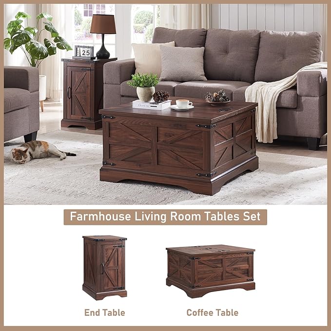 JXQTLINGMU Farmhouse Nightstand Set of 2 with Charging Station, 17" D Rectangular End Table with Barn Door & Adjustable Storage Shelf, Wood Rustic Sofa Side Table for Living Room, Bedroom, Brown-Ruum Studio Home