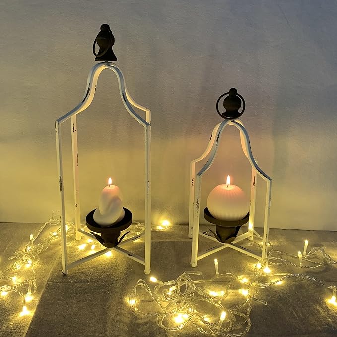 Large Tall Shabby Chic Lanterns Decorative Indoor Outdoor, Outside Gifts Front Porch Patio Vintage Metal Candle Holders, Fireplace Table Floor Farmhouse Rustic Decor Set of 2-Ruum Studio Home
