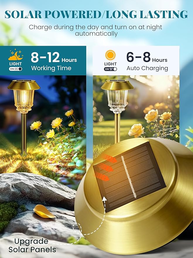 Solar Lights Outdoor Waterproof,4 Pack Gold Pathway Lights with 10-40 LM Dimmable Glass and Metal, Solar Powered Garden Decor for Yard,Patio,Pathway,Driveway Fall Decoration(Warm White)-Ruum Studio Home