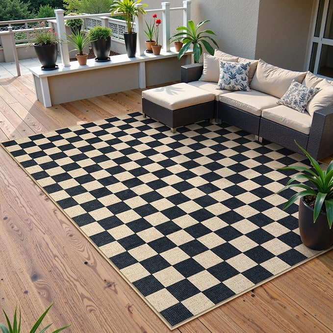 Lahome Checkered Easy Jute Outdoor Rug, 5x7 Farmhouse Rugs for Living Dining Room, Washable Non Slip Non Shedding Floor Carpet for Sunroom Mudroom Backyard Deck-Ruum Studio Home