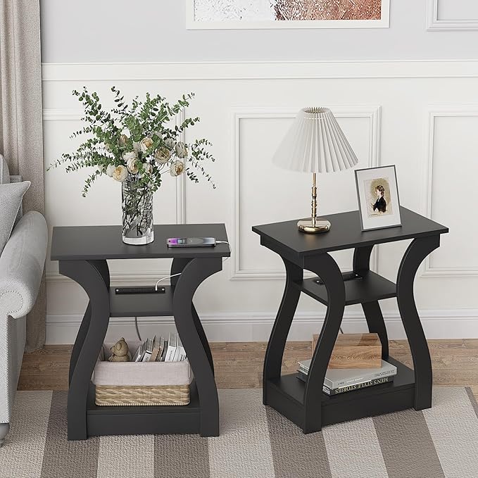 Black End Table Set of 2 with Charging Station, Side Table with USB Ports and Outlets, Black Nightstand, 3 Tier End Table with Storage Shelf for Living Room, Bedroom-Ruum Studio Home