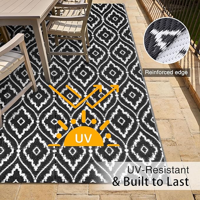 OLANLY Outdoor Rug 5x8 ft Waterproof, Outdoor Plastic Straw Rug with Geometric Pattern Clearance, Reversible RV Mat for Patio, Camping, Balcony, Deck, Backyard, Black & White-Ruum Studio Home