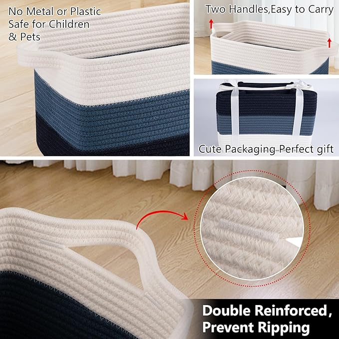 OIAHOMY Storage Basket, Woven Baskets for Storage, Cotton Rope Basket for toys,Towel Baskets for Bathroom - Pack of 3, Gradient Blue-Ruum Studio Home