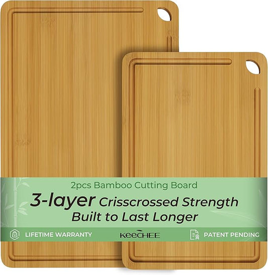 Chopping Board 2-Pcs Natural Bamboo Cutting Board With Juice Channels & Knife-Friendly Finish For Versatile Kitchen Use, Ideal Charcuterie & Chopping Multi-Use-Ruum Studio Home