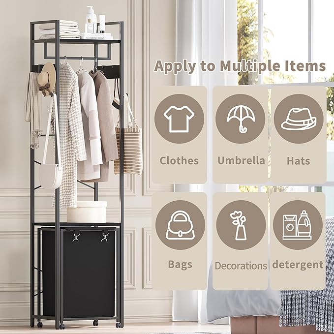 Coat Rack with Laundry Basket, Laundry Hamper Freestanding Hall Tree, Clothes Rack with Storage Shelves, 14.5 Gal Removable Bags on Wheels, Black JLH005B-Ruum Studio Home