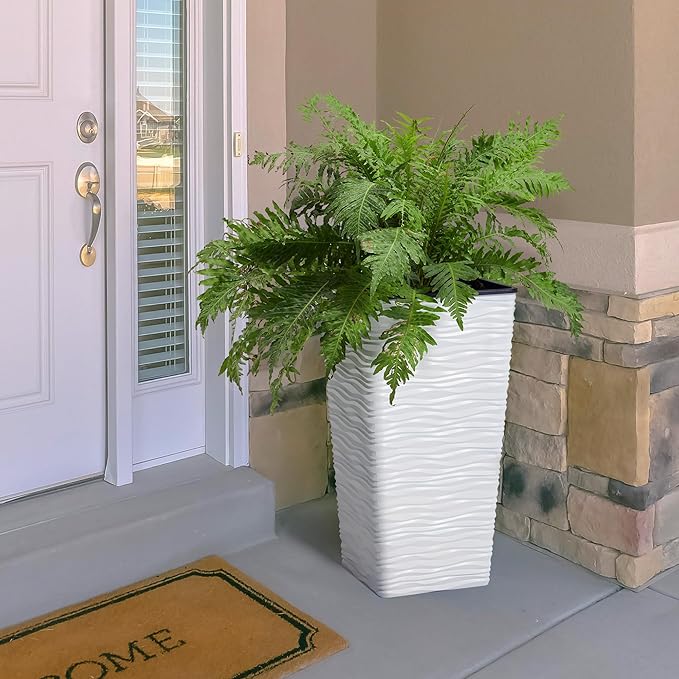 Worth Garden 2-Pack 22" H. White Square Tapered Planter with Inside Pots - Plastic Plant Pots for Indoor Outdoor - Modern Wavy Finish Decorative Flower Pots for Front Porch Containers Patio Deck-Ruum Studio Home