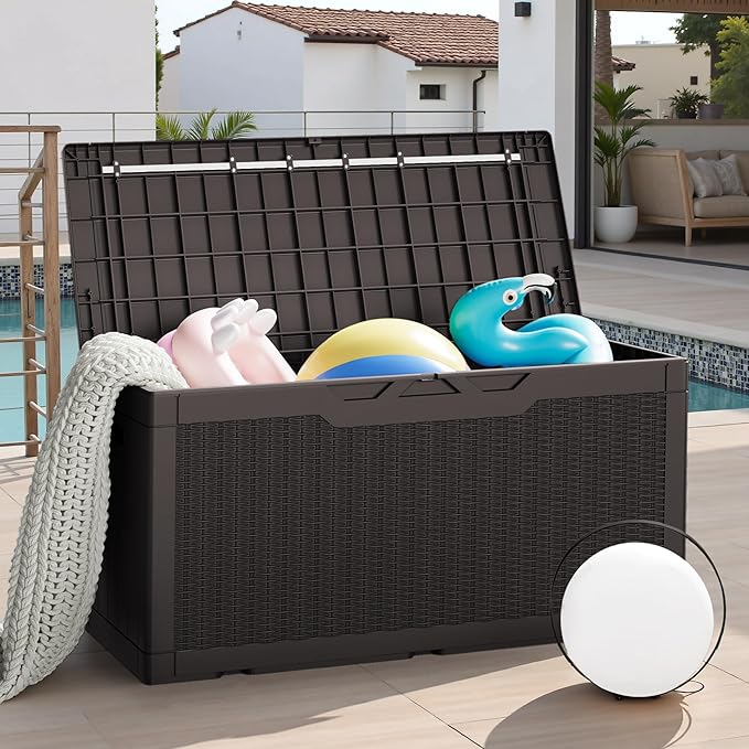 JUMMICO 100 Gallon Resin Deck Box with Cushion, Waterproof Outdoor Storage Box with Lockable Lid for Garden Tools, Patio Cushions (Brown)-Ruum Studio Home