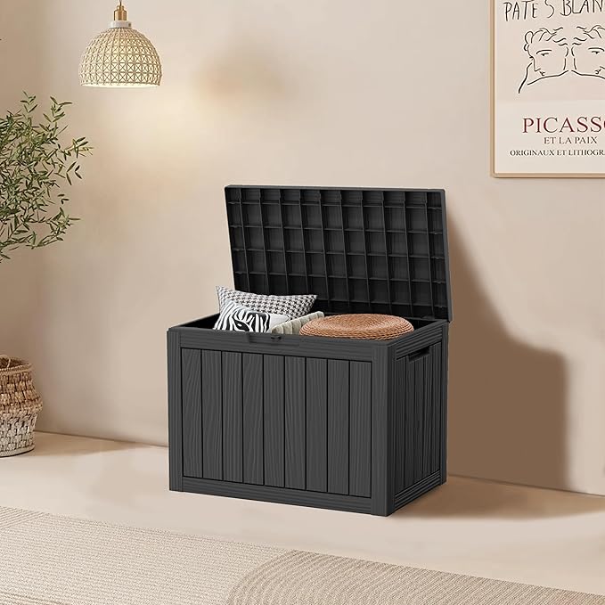 45 Gallon Resin Deck Box, Waterproof Outdoor Storage Bin for Patio, Poolside, and Garden, Lockable & UV-Resistant, Ideal for Small Spaces, Black-Ruum Studio Home