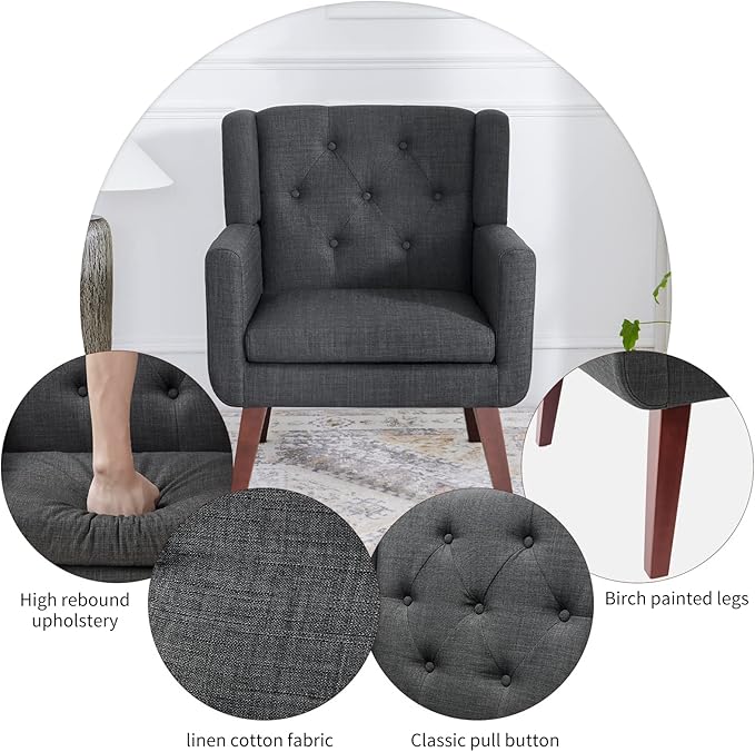 Accent Chair Button-Tufted Upholstered Living Room Chairs Comfy Reading Chair Mid Century Modern Chair with Linen Fabric Lounge Arm Chairs for Living Room Bedroom (Grey Set of 2)-Ruum Studio Home