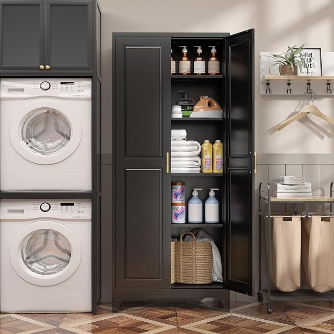 Kitchen Pantry Cabinet,75”Black Metal Storage Cabinets with Doors and 4 Adjustable Shelves,Kitchen Cabinet with 2 Gold Handles,Tall Cabinet for Livingroom, Bathroom-Ruum Studio Home