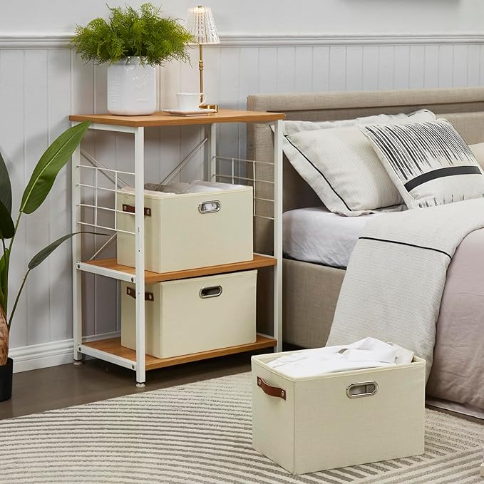 Large 3-Pack Foldable Fabric Storage Bins with Durable PU & Metal Handles , Collapsible Storage Baskets for Shelves, Home Storage, Closet Organizers, Living Room(14.9"x9.8"x9.8", Beige)-Ruum Studio Home