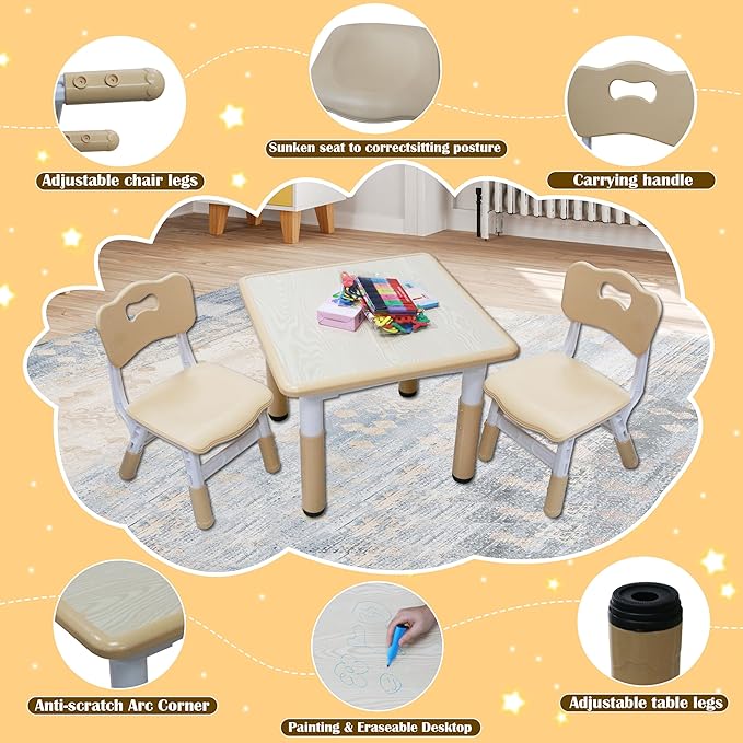 Kids Table and 2 Chairs Set with Graffiti Desktop, Toddler Furniture Set, Non-Slip Table Children Study Desk, Dining Table, Height Adjustable Desk, Painting Desktop for Kids (23.6x23.6Inch)-Ruum Studio Home