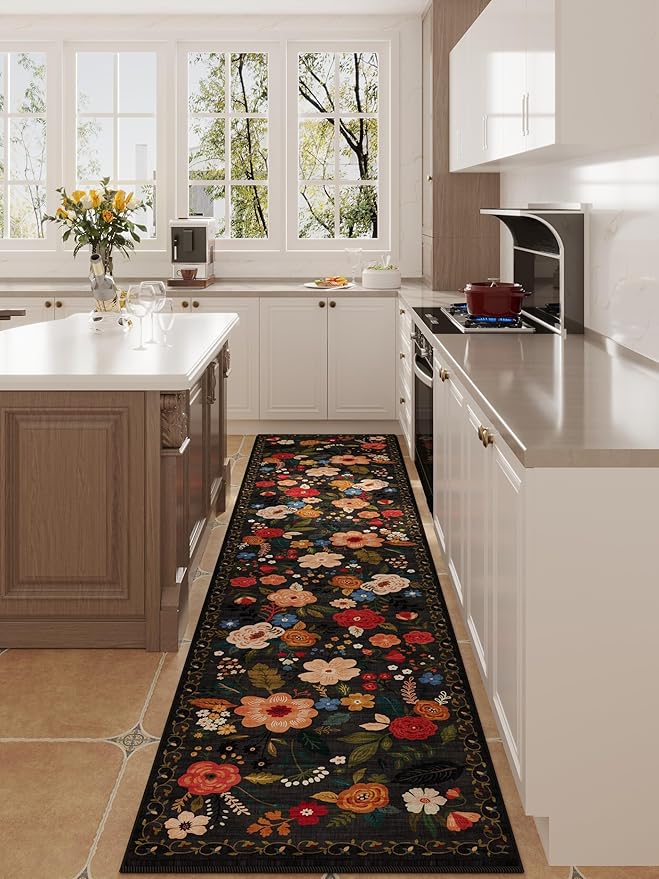 Runners for Hallways Kitchen Rug Non Slip 2'x 10' Long Washable Runner Rugs with Rubber Backing Soft Floral Carpet Runner for Hallways, Kitchen, Laundry, Bedroom, Bathroom(Black)-Ruum Studio Home