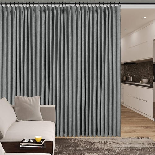 100" W x 96" L Faux Linen Room Divider Curtains, Full Blackout Pinch Pleated Drapes for Traverse Rod, Bedroom Divider Privacy Drapery with Hooks for Ceiling Track, 1 Panel, Mid Grey-Ruum Studio Home