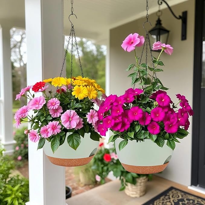 2 Pack Hanging Planters for Indoor Outdoor Plants, 12 Inch Self Watering Hanging Pot with Drainage Holes and Saucer, Plastic Plant Pots, Green Brown Flower Pots for Kitchen, Balcony, Garden-Ruum Studio Home