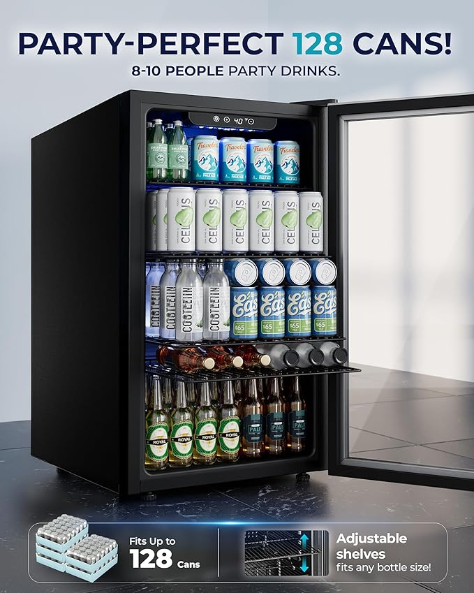 EUHOMY Beverage Refrigerator and Cooler, 128 Can Mini fridge with Glass Door, Small Refrigerator with Adjustable Shelves for Soda Beer or Wine, Perfect for Home/Bar/Office, Silver-Ruum Studio Home