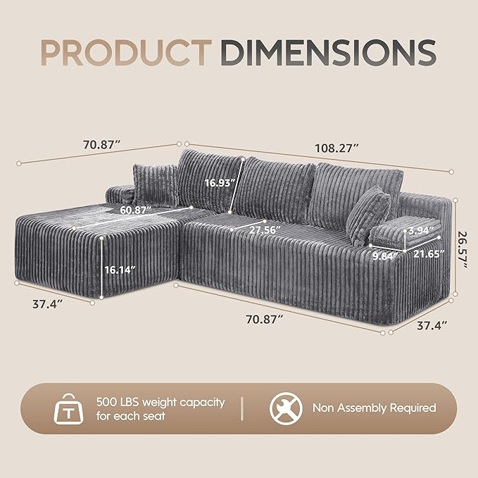 Hobestluk Modular Sectional Sofa Couches 108" L-Shape Couch 3 Seat Modular Sofa Memory Foam Sectional Couches for Living Room, Boneless Couch with Oversized Chaise (Light Grey, Left Facing)-Ruum Studio Home