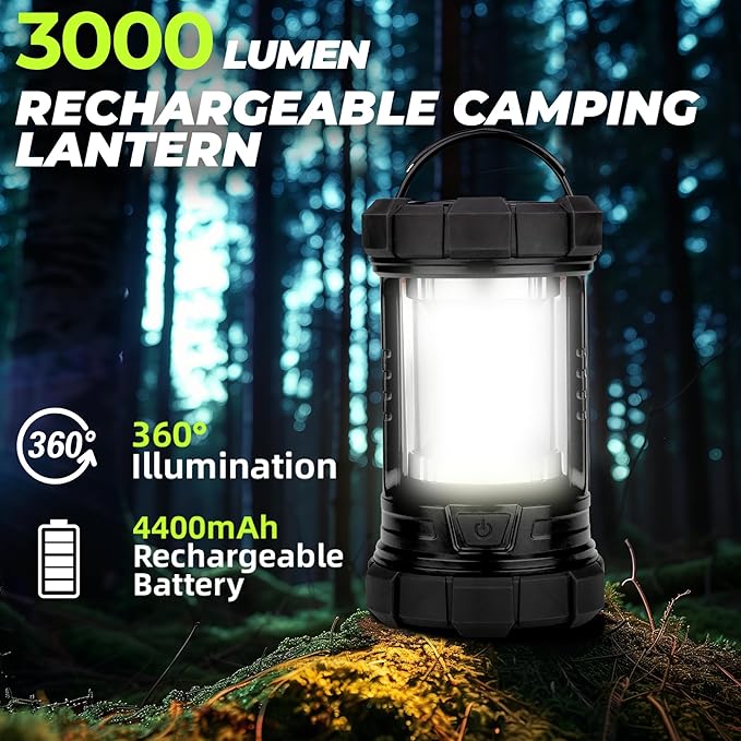 Rechargeable Camping Lantern, 3000LM 5 Light Modes Camping Light 4400 Capacity Phone Charger LED Impact-Resistant Flashlight Lantern Portable Waterproof Hurricane Lanterns for Emergency(Black)-Ruum Studio Home