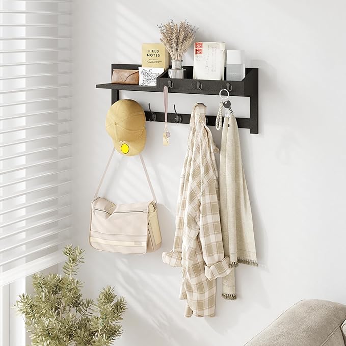 AMBIRD Wall Hooks with Shelf 26.57inch Entryway Wall Hanging Shelf Wood Coat Hooks for Wall Coat Rack Wall Mount Rack with 5 Dual Hooks 3 Key Hooks Mail Organizer and Key Rack Key Holder (Black)-Ruum Studio Home