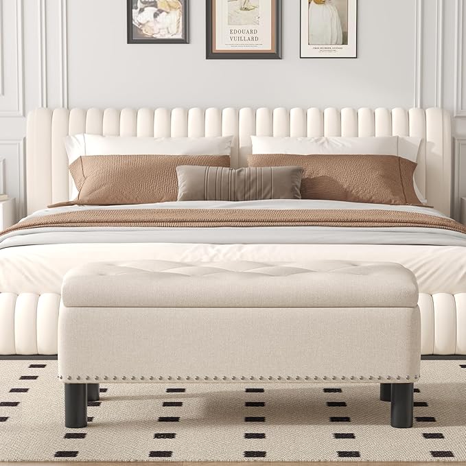 Furniliving 42” Ottoman Bench with Storage, Folding Storage Ottoman Benches with Wood Legs, Upholstered Bedroom Bench with Button-Tufted, Entryway Bench for Bedroom, Linen, Beige-Ruum Studio Home