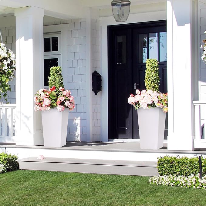 22.5" Tall Planters Set of 2, Outdoor＆Indoor Black Planter Pots, High Front Porch Planter Pots with Drainage Holes＆Water Level Monitor＆Inner Bucket, Automatic Watering, White-Ruum Studio Home