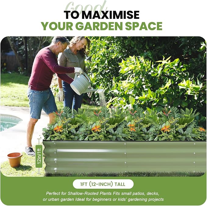 5-in-1 Adjustable Raised Garden Bed Kit | Galvanized Planter Boxes for Vegetables, Flowers | 12" Tall, Multiple Sizes (8x3x1ft, 9x2x1ft, 10x1x1ft, 6x5x1ft, 7x4x1ft) | Outdoor Metal Raised Bed, Green-Ruum Studio Home