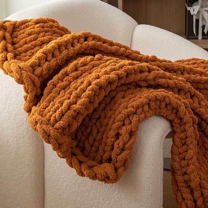 WESHIONGOO Chunky Knit Blanket Throw 40"×40" Knitted Throw Blankets for Couch Bed Fall Throw Blanket Fluffy Soft Blanket with Jumbo Chenille Yarn Thick 100% Handmade (Burnt Orange)-Ruum Studio Home