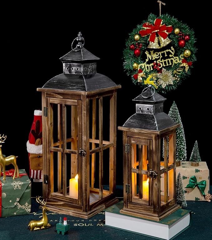 Large Farmhouse Decorative Wooden Lanterns Set of 2, Rustic Burnt Wood Floor Lanterns, Indoor/Outdoor Hurricane Lanterns for Home Decor (No Glass)-Ruum Studio Home