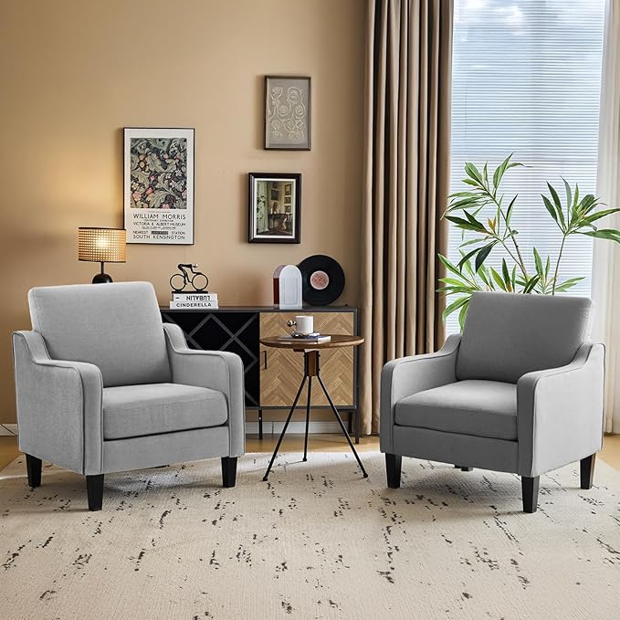VINGLI Mid Century Modern Accent Chair, Light Grey Fabric Accent Chairs for Living Room Upholstered Armchair with Scooped Arms for Bedroom, Apartment, Studio, Office, Waiting Room-Ruum Studio Home