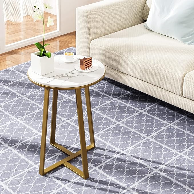 Round End Tables, Small Side Table White Marble Texture MDF Top,Metal Frame Gold Color, Tall End Table for Bed Room,Coffee Tea End Table for Living Room (White Marble+Gold)-Ruum Studio Home