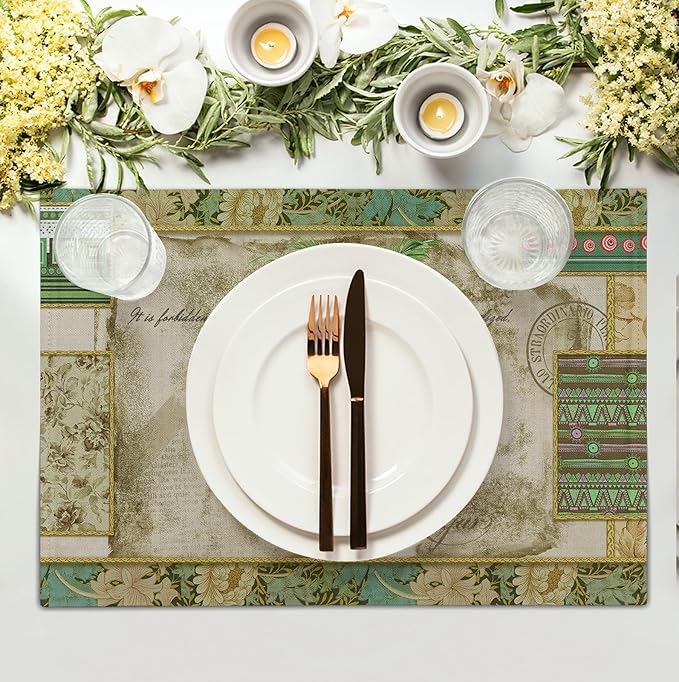 Tropical Palm Tree Placemats Set of 4 Summer Vintage Green Leaf Kitchen Table Mat 12x18 Inch Hawaii Beach Jungle Plant Tree Heat Resistant Washable Linen Place Mats for Dining Tables-Ruum Studio Home