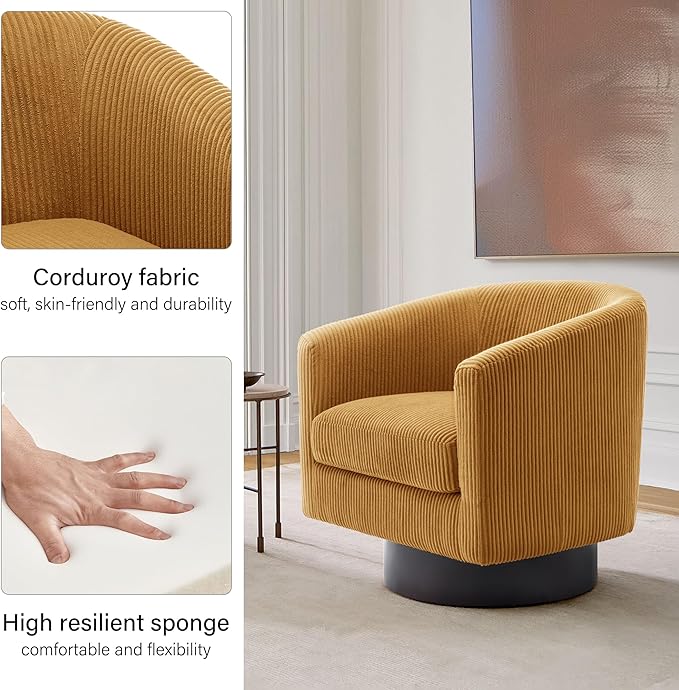 Swivel Barrel Accent Chair, Modern Round Corduroy Fabric Arm Chair for Living Room, Bedroom, Comfy Club Reading Chairs for Adults, Corduroy Orange, Set of 2-Ruum Studio Home