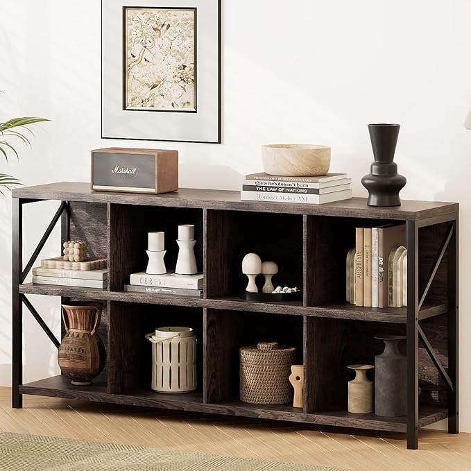 8 Cube Storage Organizer Bookshelf, Industrial Horizontal Bookcase, Accent Cubby Shelf, Media Console Table for Living Room, Home Office, 63 Inches, Dark Grey Oak-Ruum Studio Home
