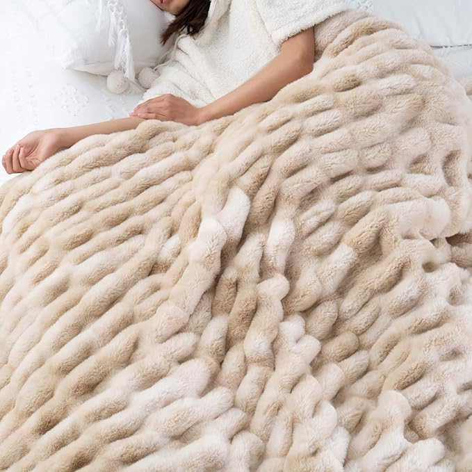 BATTILO HOME Ruched Luxury Faux Fur Throw Blanket Beige Tie-dye Rabbit Fur Blanket for Couch, Living Room, Fuzzy, Soft, Plush, Cozy, Elegant with Reversible Mink Blanket Beige, 60"x80"-Ruum Studio Home